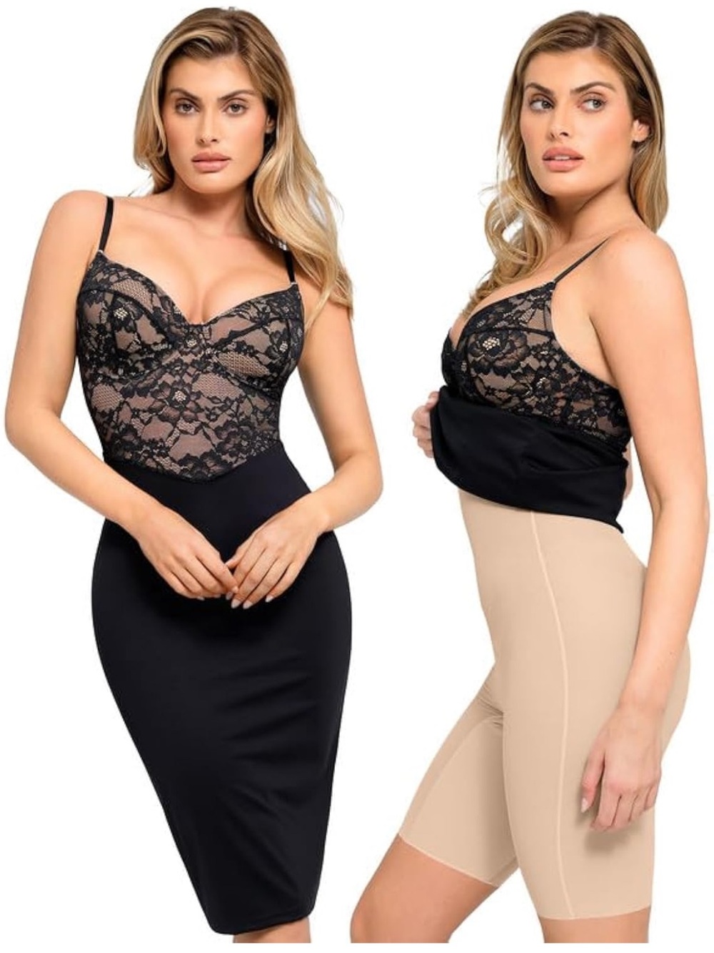 Popilush Seamless Black Lace Dress with Bodyslip Shapewear